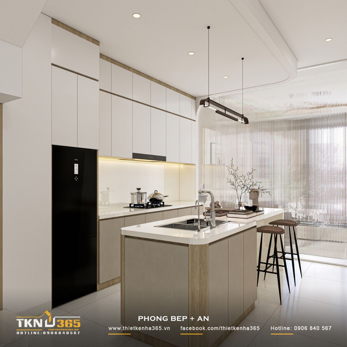 Thiết kế bếp nhà phố 3 tầng sử dụng vách ngăn kính sọc để phân chia không gian linh hoạt mà vẫn giữ được cảm giác thông thoáng