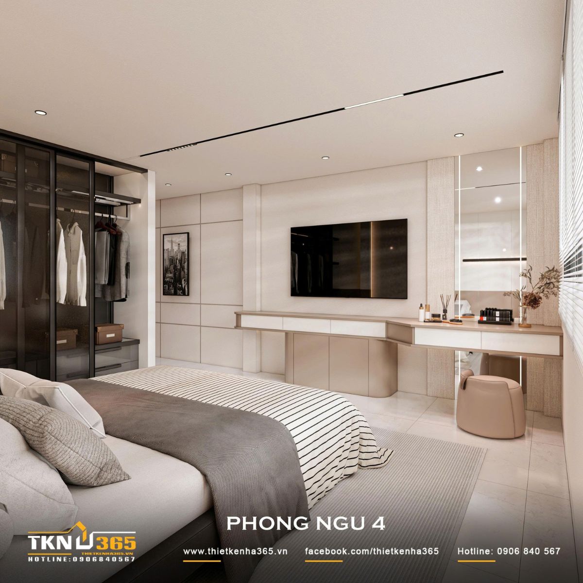 Nhà phố 3 tầng 4,1x14,5m ở Hóc Môn - Gói ghém những mong muốn giản dị trong một mái nhà 18 Bàn trang điểm, kệ TV và hệ tủ lưu trữ được bố trí dọc các mảng tường, giúp phòng ngủ nhà phố 3 tầng giữ được sự gọn gàng và tiện nghi