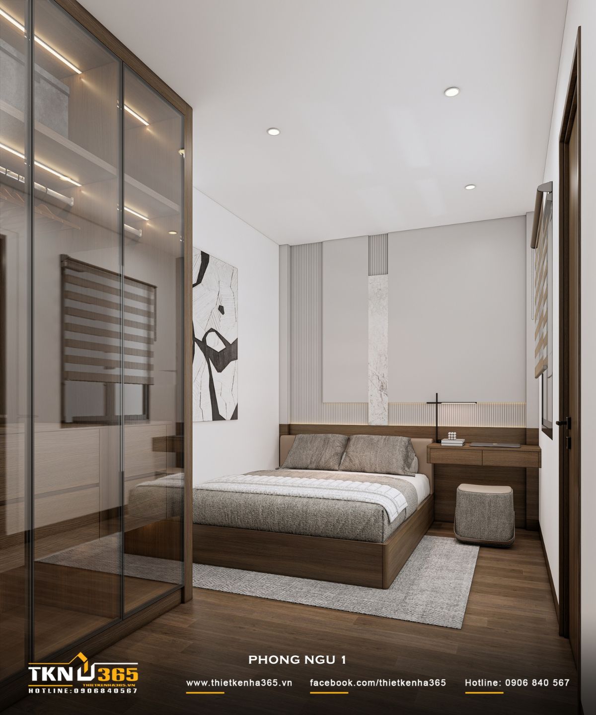 Nhà phố 3 tầng B’S House giữ sự riêng tư trong từng khoảng mở 18 Phòng ngủ 1 của nhà phố 3 tầng B’S House sử dụng giường gỗ nâu, tủ quần áo cánh kính và bàn làm việc nhỏ, giữ không gian nghỉ ngơi gọn gàng
