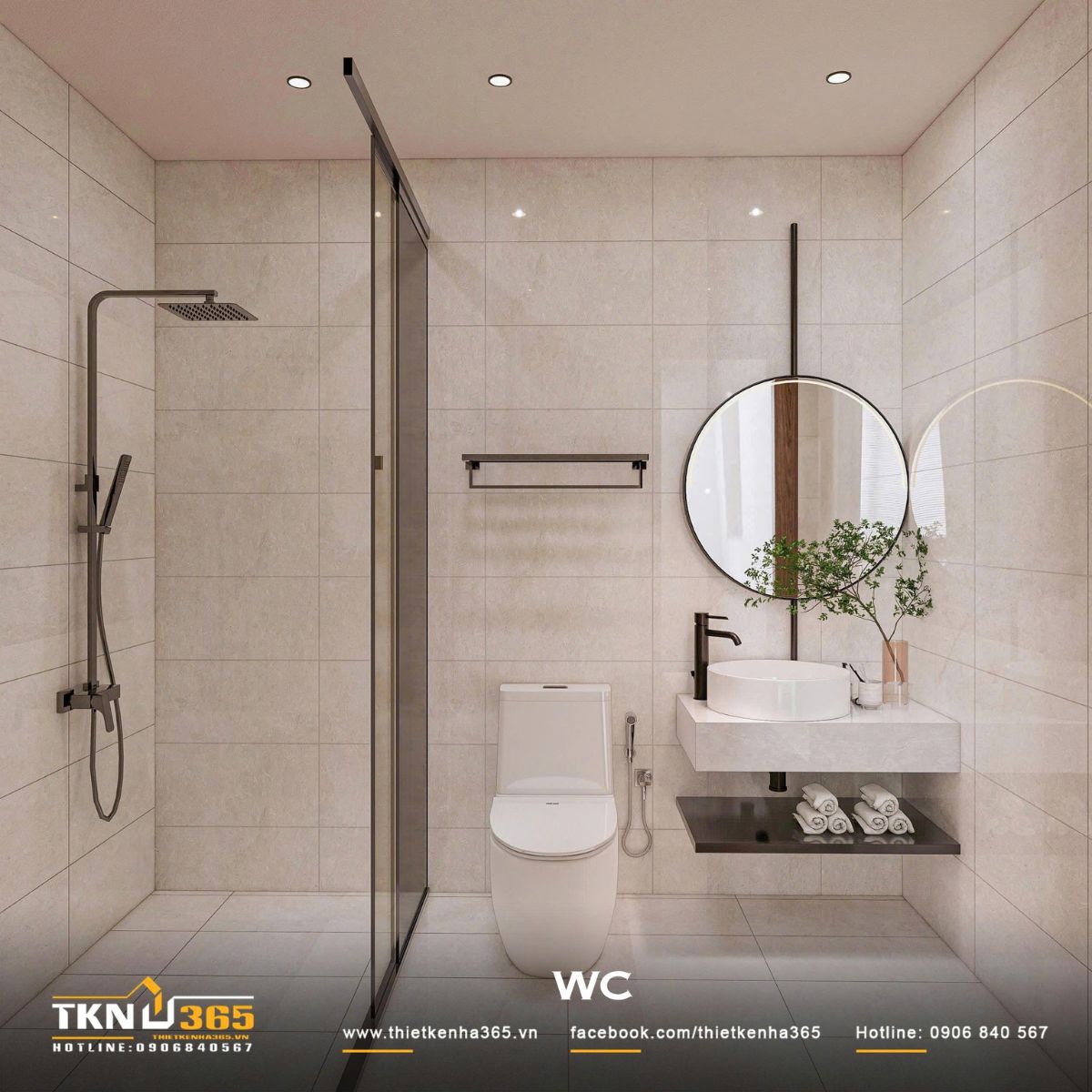 Nhà phố 3 tầng 4,1x14,5m ở Hóc Môn - Gói ghém những mong muốn giản dị trong một mái nhà 19 Khu vệ sinh nhà phố 3 tầng sử dụng gạch ốp xám be sáng, kết hợp vách kính ngăn khu tắm và thiết bị trắng để tạo cảm giác sạch thoáng