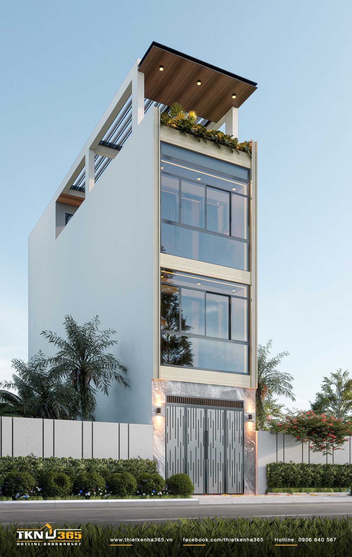 Nhà phố 3 tầng kết hợp những mảng tường trắng gọn gàng với hệ cửa kính khung tối màu, tạo sự tương phản nhẹ nhàng cho kiến trúc hiện đại