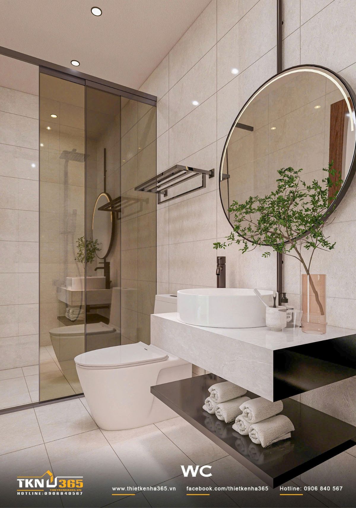 Nhà phố 3 tầng 4,1x14,5m ở Hóc Môn - Gói ghém những mong muốn giản dị trong một mái nhà 20 Lavabo đặt nổi trên bàn đá, kết hợp gương tròn có đèn viền và kệ treo bên dưới giúp khu vệ sinh nhà phố 3 tầng thêm gọn gàng, tiện nghi