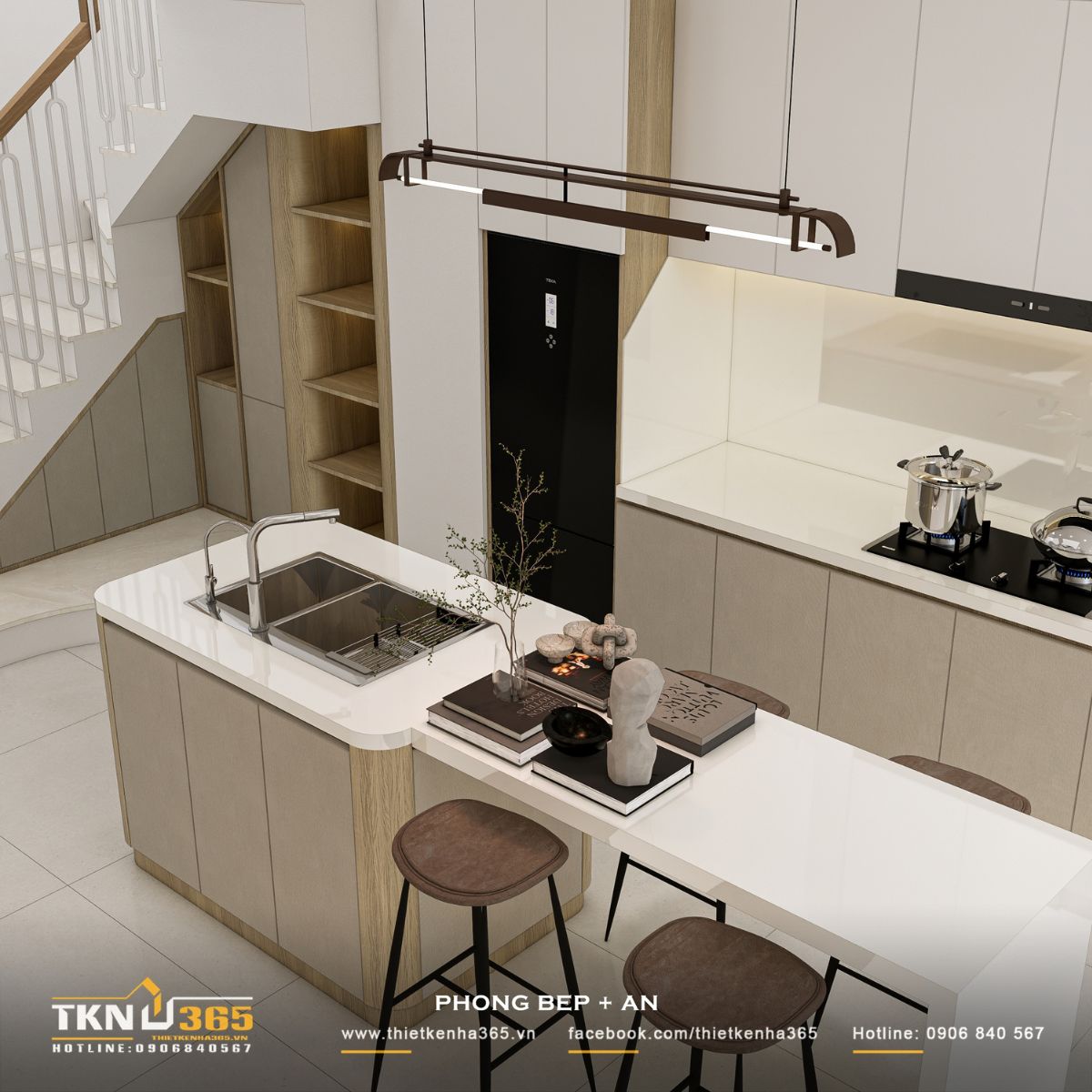 Đảo bếp nhà phố 3 tầng tích hợp chậu rửa và bàn ăn nhanh, kết hợp ghế cao thanh mảnh để phục vụ sinh hoạt hàng ngày