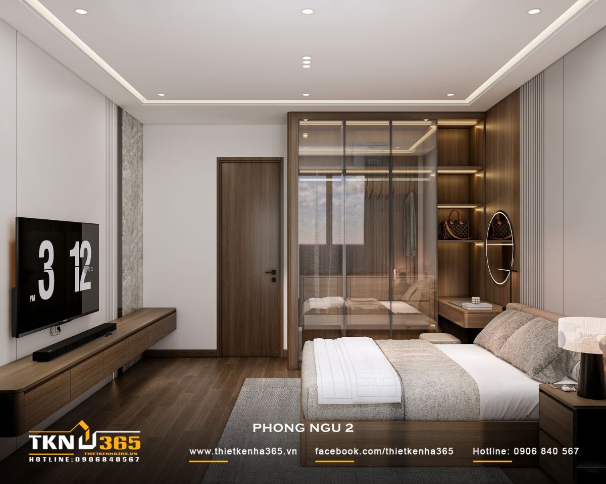 Nhà phố 3 tầng B’S House giữ sự riêng tư trong từng khoảng mở 20 Hệ tủ quần áo cánh kính kết hợp kệ trang trí, bàn trang điểm và kệ TV treo tường giúp phòng ngủ nhà phố 3 tầng tăng diện tích lưu trữ