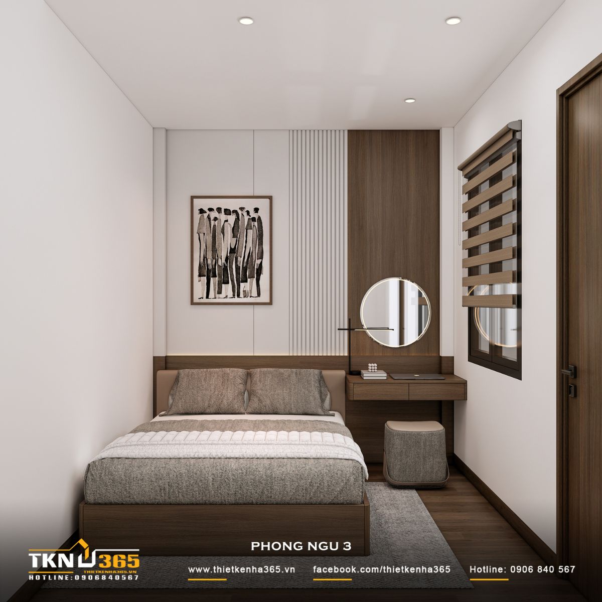 Nhà phố 3 tầng B’S House giữ sự riêng tư trong từng khoảng mở 21 Phòng ngủ 3 của nhà phố 3 tầng được thiết kế tối giản với giường gỗ, bàn làm việc liền tường và rèm cuốn, phù hợp nhu cầu nghỉ ngơi riêng tư