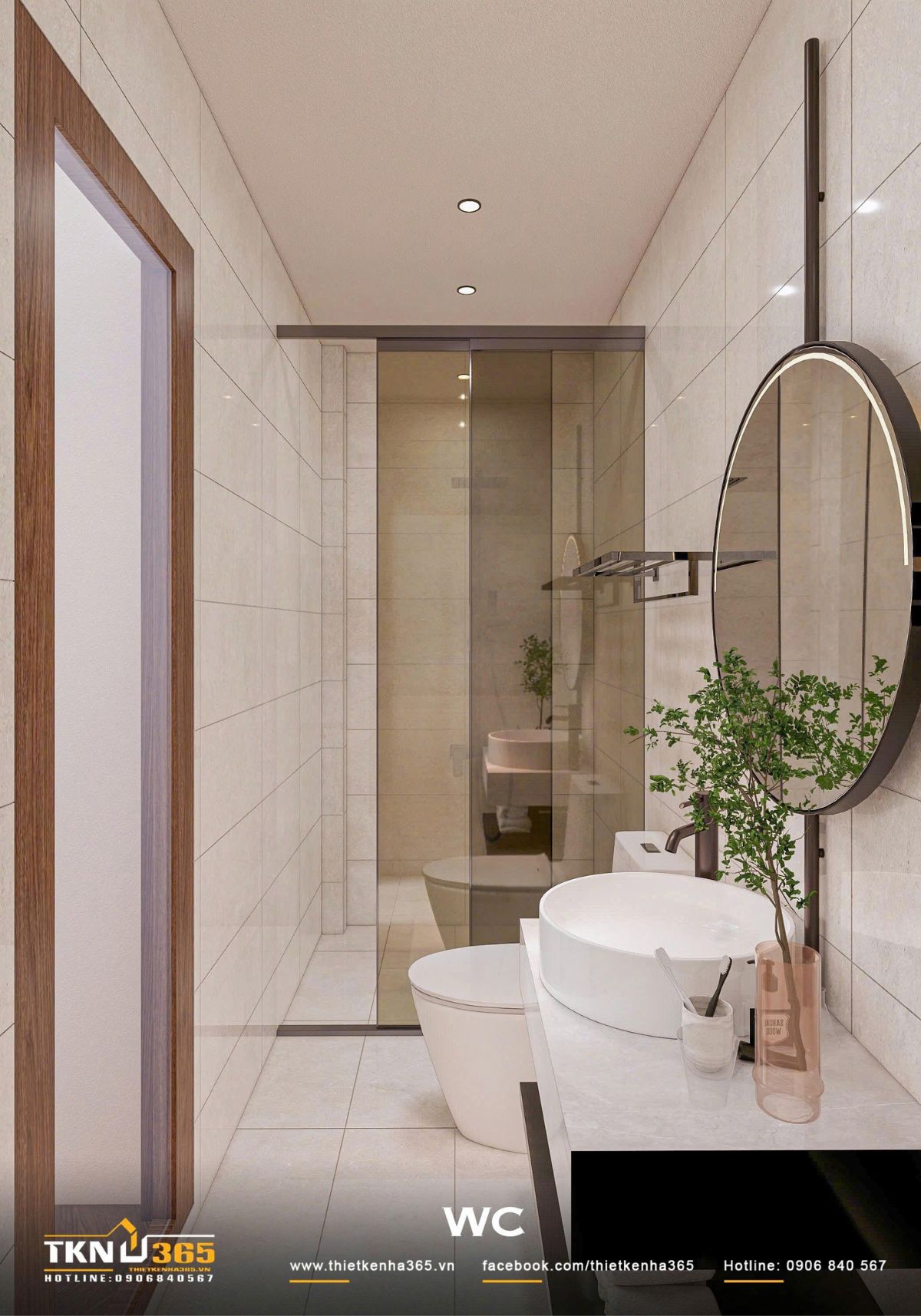 Nhà phố 3 tầng 4,1x14,5m ở Hóc Môn - Gói ghém những mong muốn giản dị trong một mái nhà 22 Khu vệ sinh nhà phố 3 tầng bố trí theo chiều dài với lavabo, bồn cầu và vách kính ngăn khu tắm, tận dụng diện tích mà vẫn đảm bảo sự thuận tiện khi sử dụng