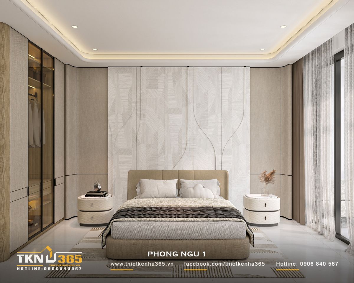 Phòng ngủ 1 sử dụng bảng màu be, kem và gỗ sáng, kết hợp vách đầu giường trang trí đường cong mềm mại tạo cảm giác thư giãn