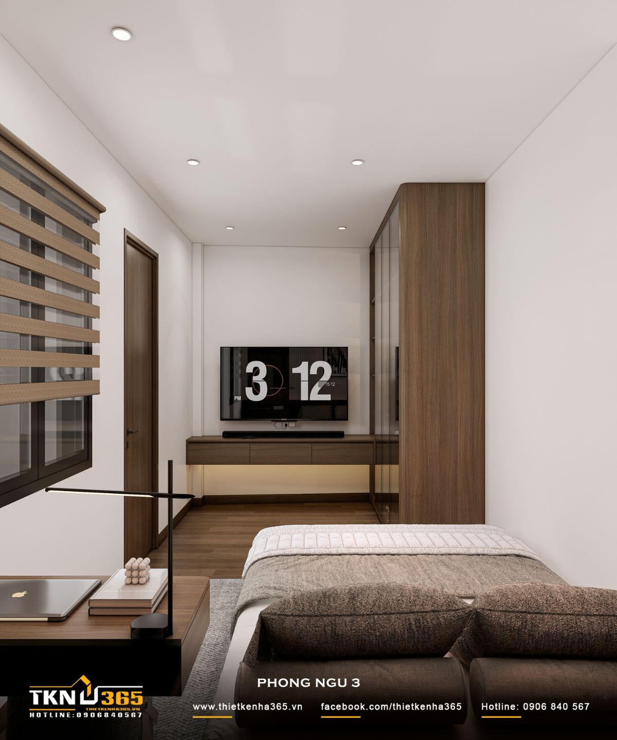 Nhà phố 3 tầng B’S House giữ sự riêng tư trong từng khoảng mở 22 Kệ TV treo tường kết hợp tủ quần áo cao và bàn làm việc nhỏ giúp phòng ngủ 3 tận dụng diện tích mà vẫn giữ lối đi thông thoáng