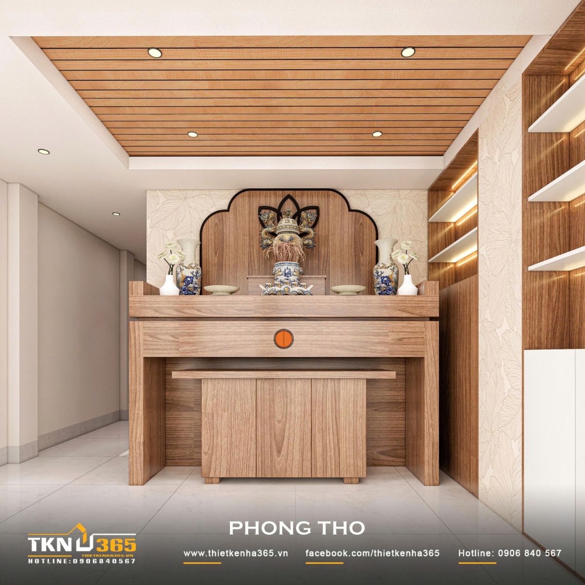 Nhà phố 3 tầng 4,1x14,5m ở Hóc Môn - Gói ghém những mong muốn giản dị trong một mái nhà 23 Phòng thờ nhà phố 3 tầng sử dụng bàn thờ gỗ nâu kết hợp vách trang trí hình cánh sen, trần ốp gỗ và kệ trưng bày có đèn hắt, tạo không gian trang nghiêm, ấm cúng