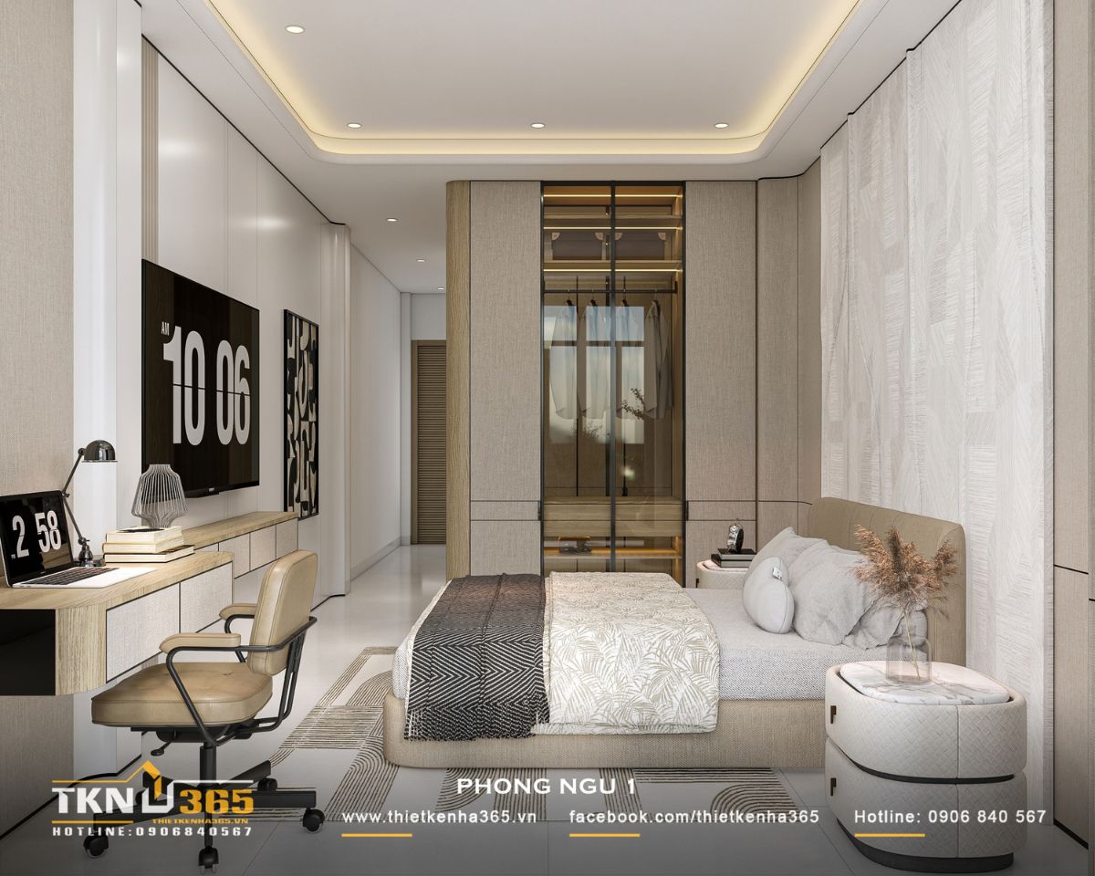 Nội thất phòng ngủ 1 bố trí giường ngủ, tủ quần áo cánh kính và bàn làm việc liền hệ tủ TV, đáp ứng nhu cầu sinh hoạt cá nhân