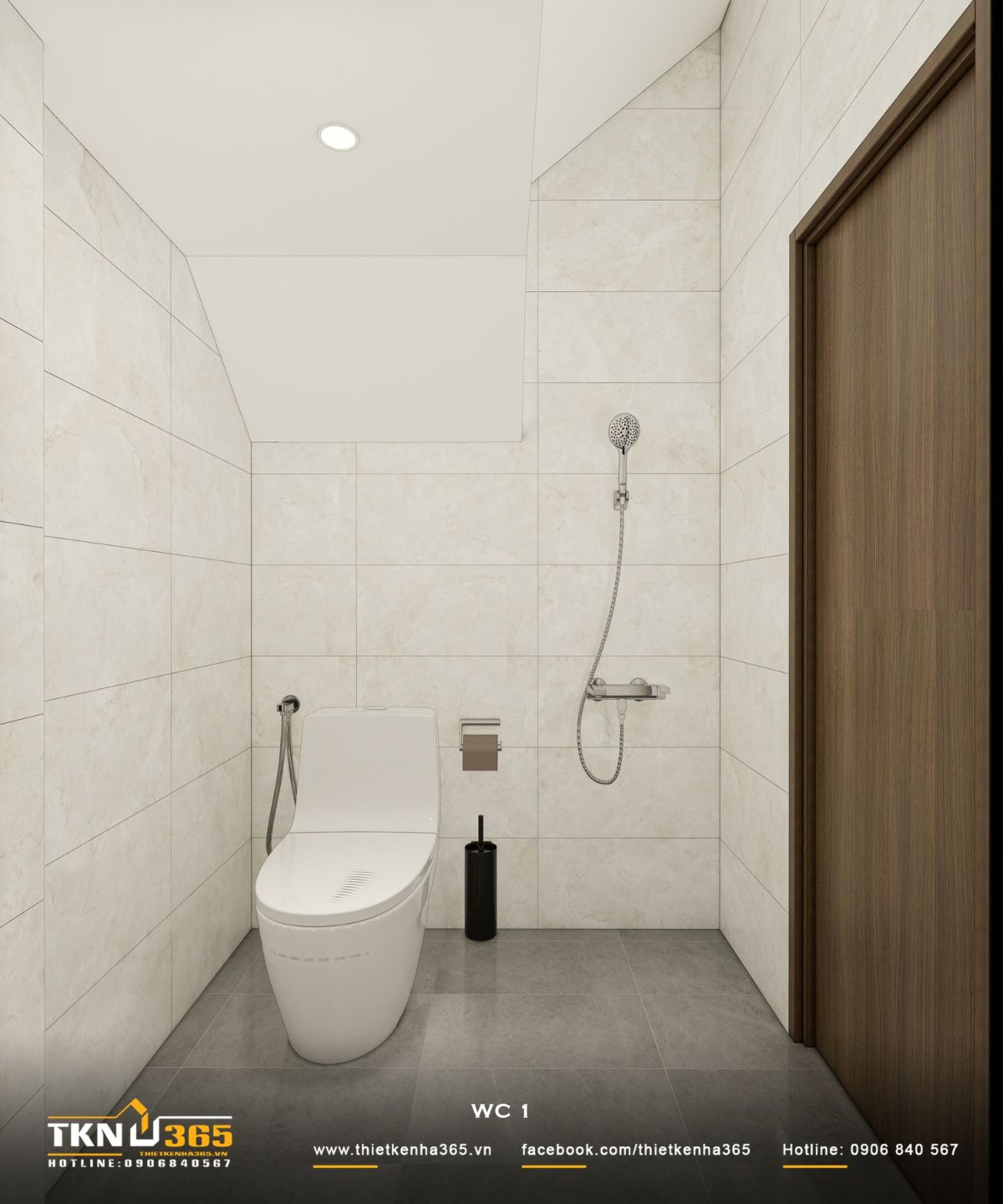 Nhà phố 3 tầng B’S House giữ sự riêng tư trong từng khoảng mở 23 WC tầng trệt nhà phố 3 tầng B’S House sử dụng gạch ốp tường sáng màu, sàn xám và thiết bị vệ sinh bố trí gọn gàng, thuận tiện sử dụng