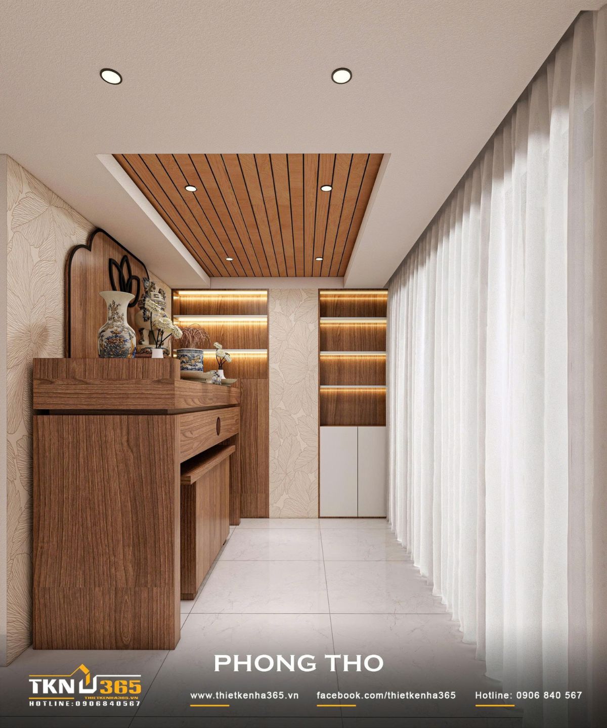 Nhà phố 3 tầng 4,1x14,5m ở Hóc Môn - Gói ghém những mong muốn giản dị trong một mái nhà 24 Bàn thờ bố trí dọc một bên phòng, kết hợp hệ kệ gỗ có đèn LED và rèm trắng, giữ sự trang trọng nhưng vẫn đảm bảo cảm giác thông thoáng