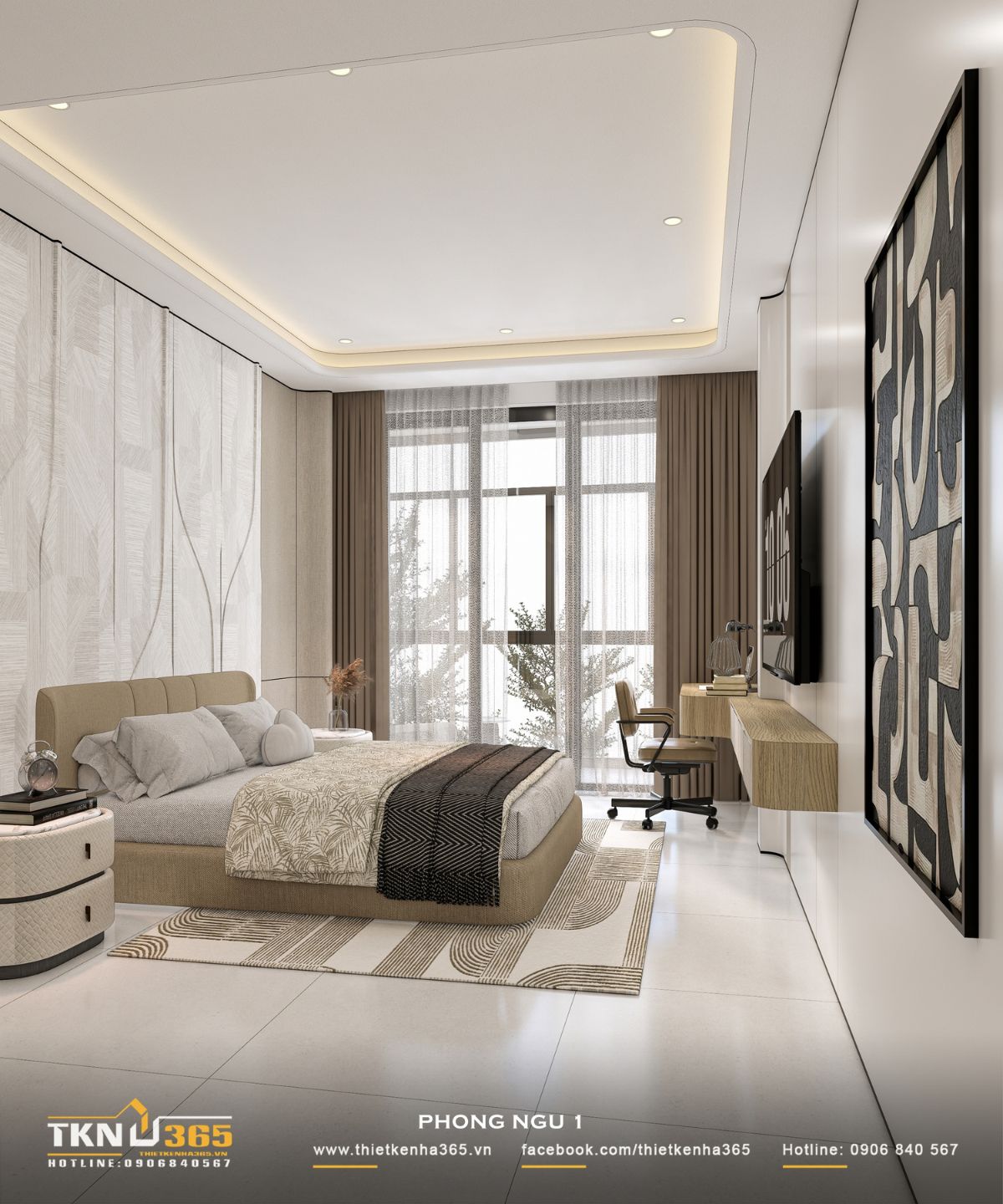 Góc làm việc trong phòng ngủ 1 bố trí gần cửa sổ lớn để tận dụng ánh sáng tự nhiên, kết hợp nội thất treo tường giúp tiết kiệm diện tích