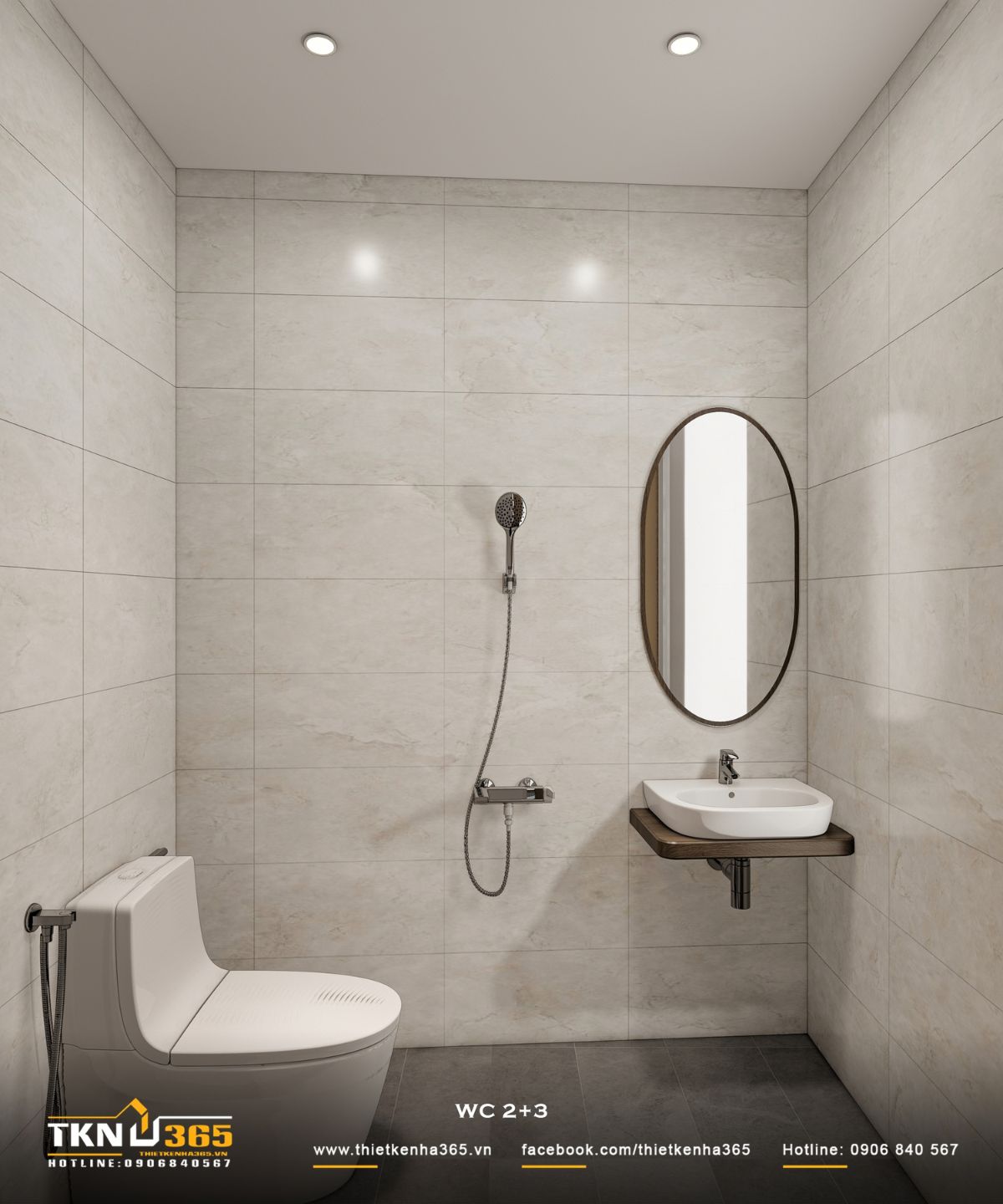 Nhà phố 3 tầng B’S House giữ sự riêng tư trong từng khoảng mở 24 WC tại các tầng trên của nhà phố 3 tầng kết hợp lavabo treo, gương oval và gạch ốp màu trung tính, tạo cảm giác sạch sẽ, thoáng gọn