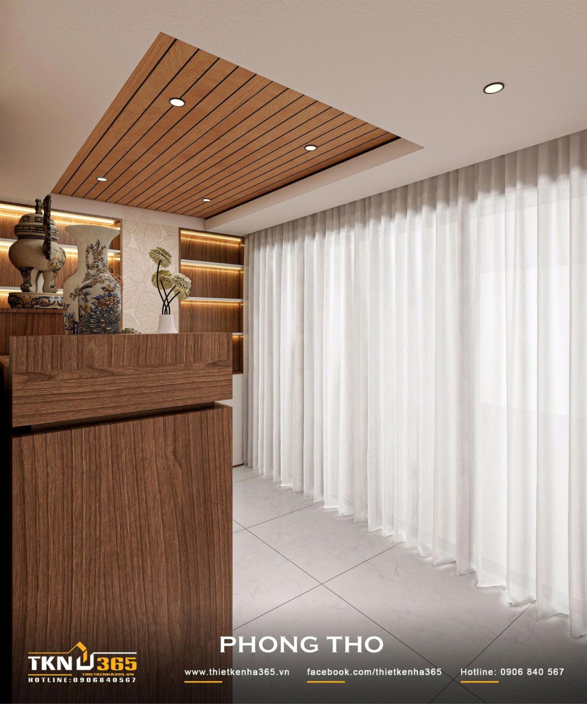 Nhà phố 3 tầng 4,1x14,5m ở Hóc Môn - Gói ghém những mong muốn giản dị trong một mái nhà 25 Trần ốp gỗ với các đường chỉ song song tạo sự đồng nhất với nội thất phòng thờ, hệ rèm trắng giúp điều tiết ánh sáng tự nhiên và cân bằng sắc nâu trầm của gỗ