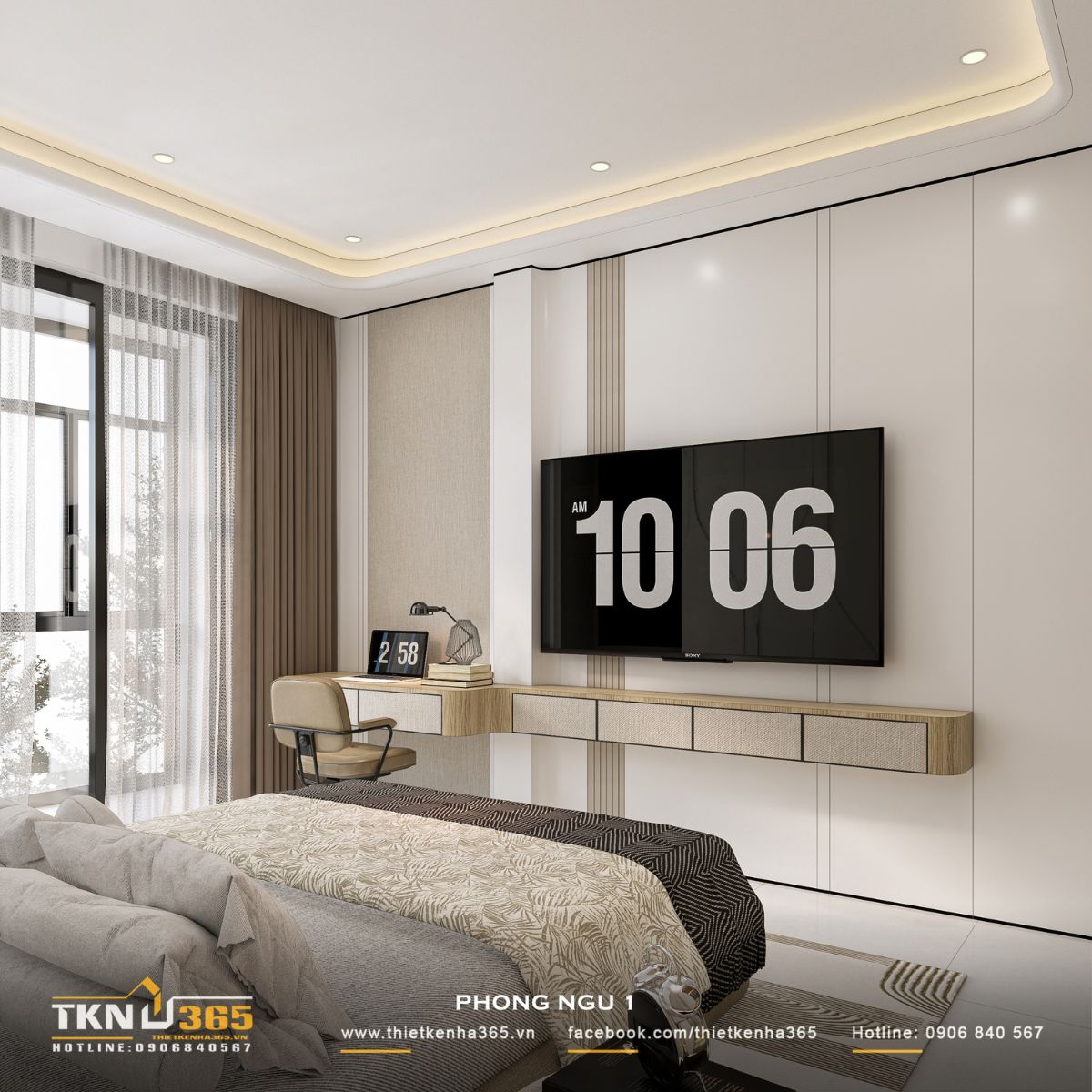 Hệ bàn làm việc và tủ TV treo tường thiết kế liền mạch, giữ lối đi thông thoáng trong phòng ngủ nhà phố 3 tầng