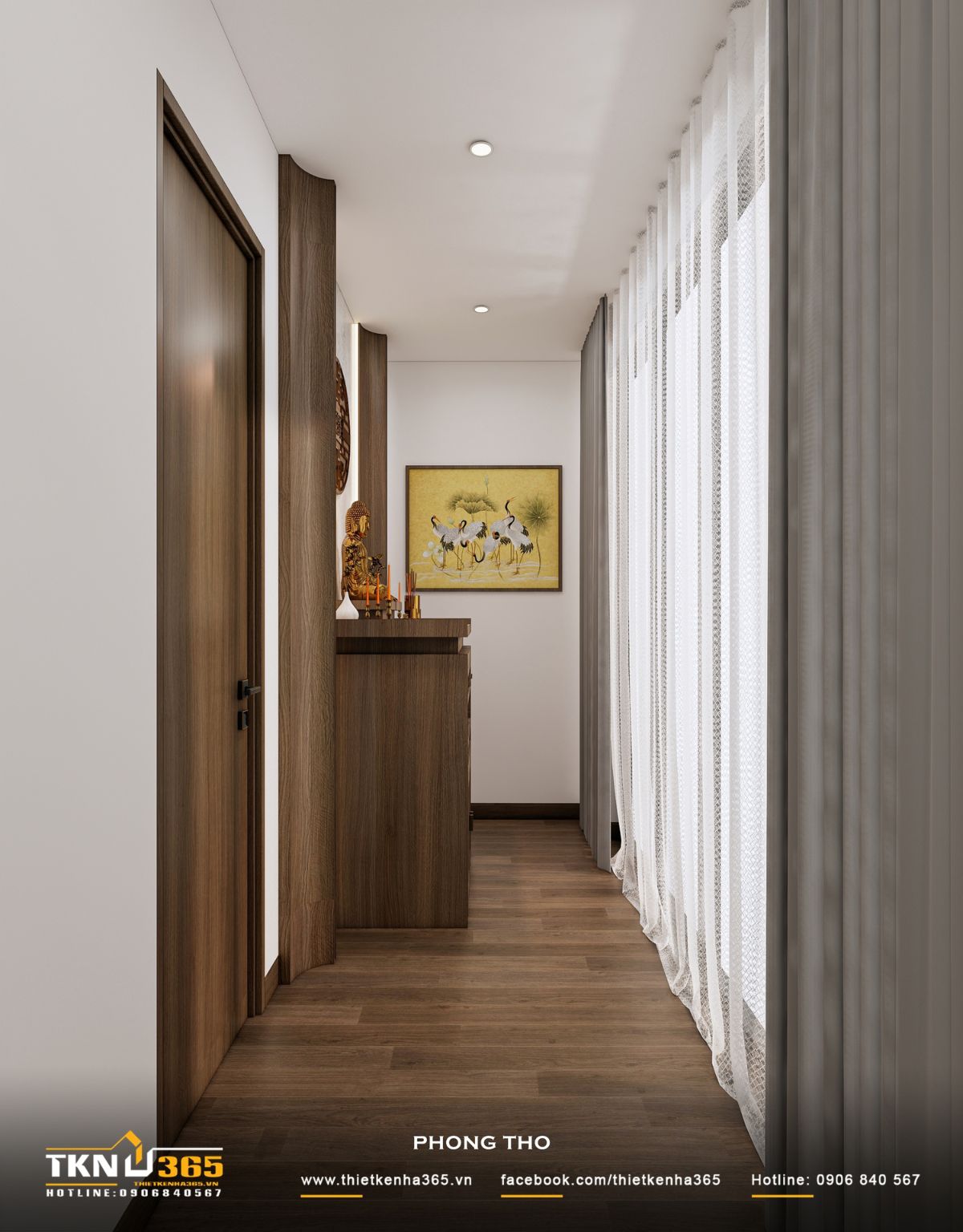 Nhà phố 3 tầng B’S House giữ sự riêng tư trong từng khoảng mở 25 Phòng thờ B’S House được bố trí cạnh hệ cửa kính lớn với rèm hai lớp, kết hợp sàn gỗ nâu và ánh sáng tự nhiên để giữ không gian trang nghiêm, thoáng sáng