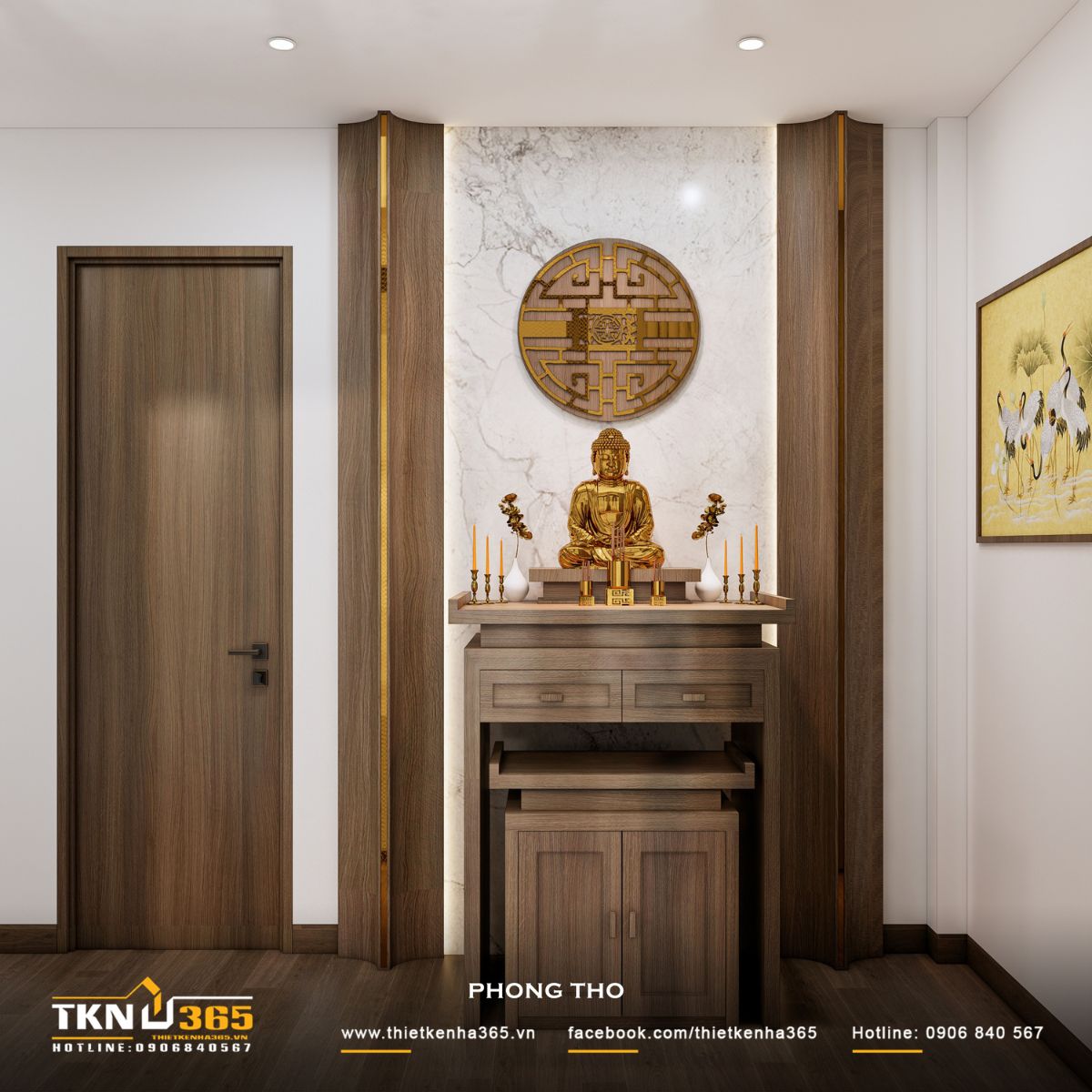 Nhà phố 3 tầng B’S House giữ sự riêng tư trong từng khoảng mở 26 Bàn thờ Phật bằng gỗ nâu đặt trước mảng đá vân sáng, kết hợp họa tiết trang trí truyền thống và hệ đèn hắt nhẹ, tạo cảm giác trang trọng, ấm cúng