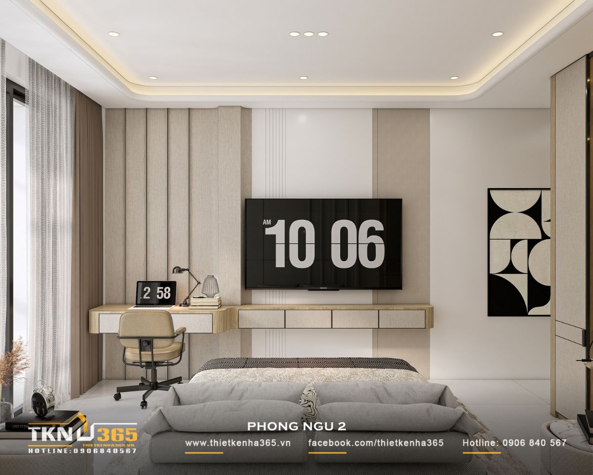 Bàn làm việc kết hợp hệ tủ TV trong phòng ngủ 2 sử dụng gỗ sáng và các đường nét thanh mảnh, tạo sự đồng bộ với nội thất chung