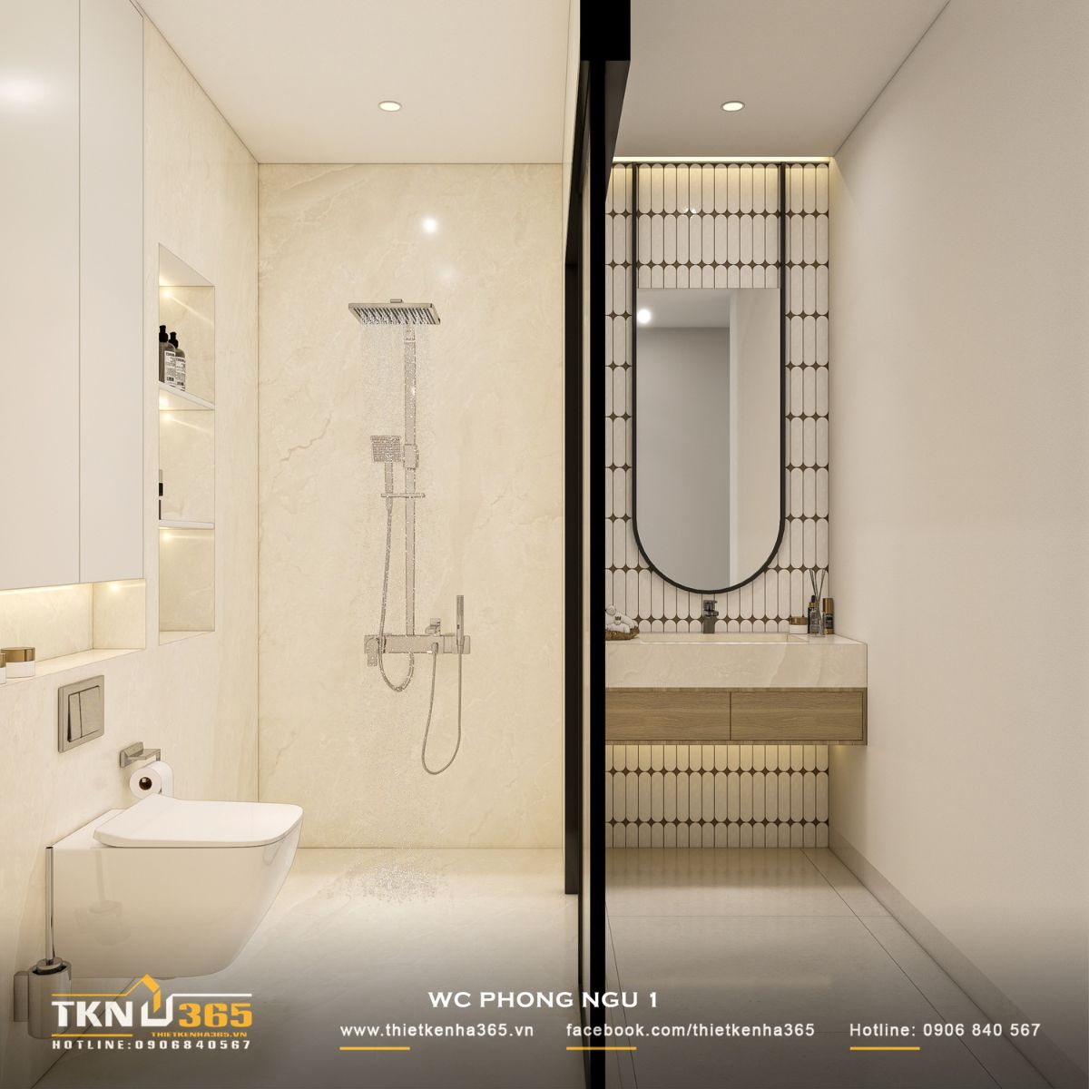 Khu vệ sinh phòng ngủ 1 sử dụng gạch ốp tông kem, kết hợp vách kính khung tối màu để phân chia khu tắm và lavabo