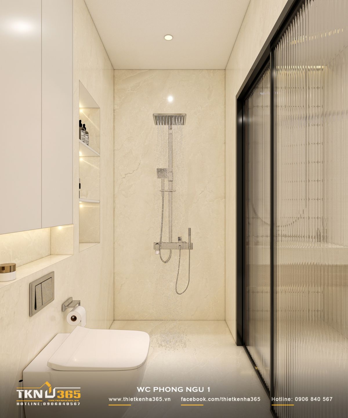 Khu tắm đứng trang bị sen cây hiện đại, hốc âm tường có đèn hắt và bồn cầu treo tường, giúp tối ưu diện tích sử dụng