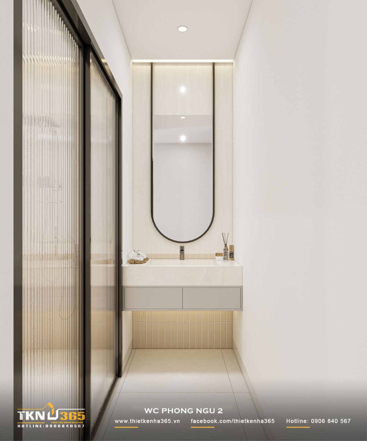 Khu vực lavabo sử dụng tủ treo tường, gương dài bo cong và đèn hắt trang trí, kết hợp vách kính sọc để phân chia không gian gọn gàng