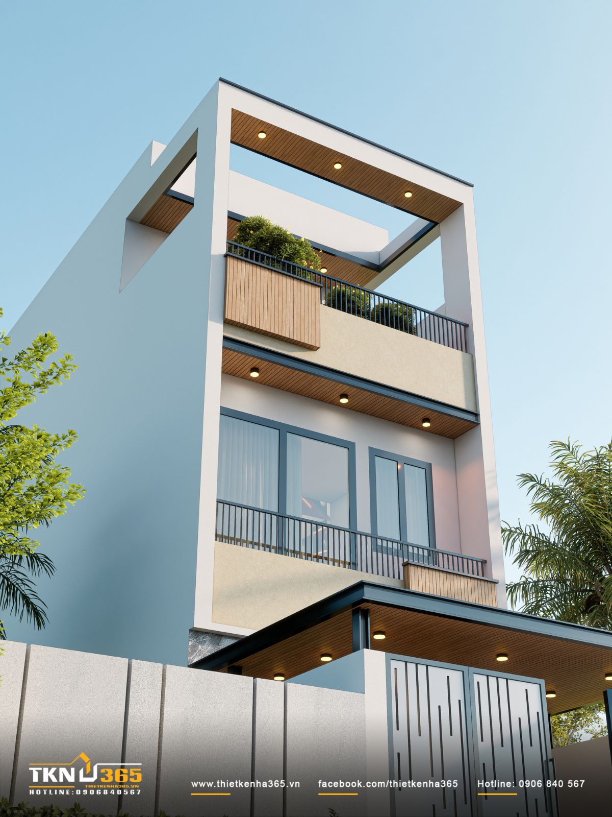 Nhà phố 3 tầng B’S House giữ sự riêng tư trong từng khoảng mở 4 Hệ khung bê tông lớn bao quanh sân thượng nhà phố 3 tầng, kết hợp lan can, mảng tường đặc và cây xanh để cân bằng độ mở với sự riêng tư