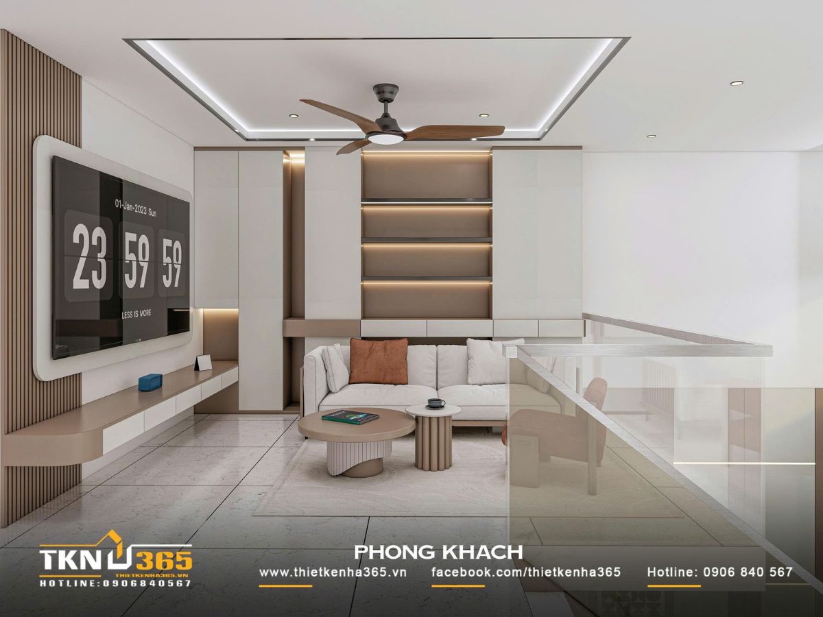 Nhà phố 3 tầng 4,1x14,5m ở Hóc Môn - Gói ghém những mong muốn giản dị trong một mái nhà 5 Phòng khách nhà phố 3 tầng sử dụng sofa sáng màu, hệ tủ kịch trần kết hợp kệ trang trí có đèn hắt, tạo không gian sinh hoạt ấm áp và gọn gàng