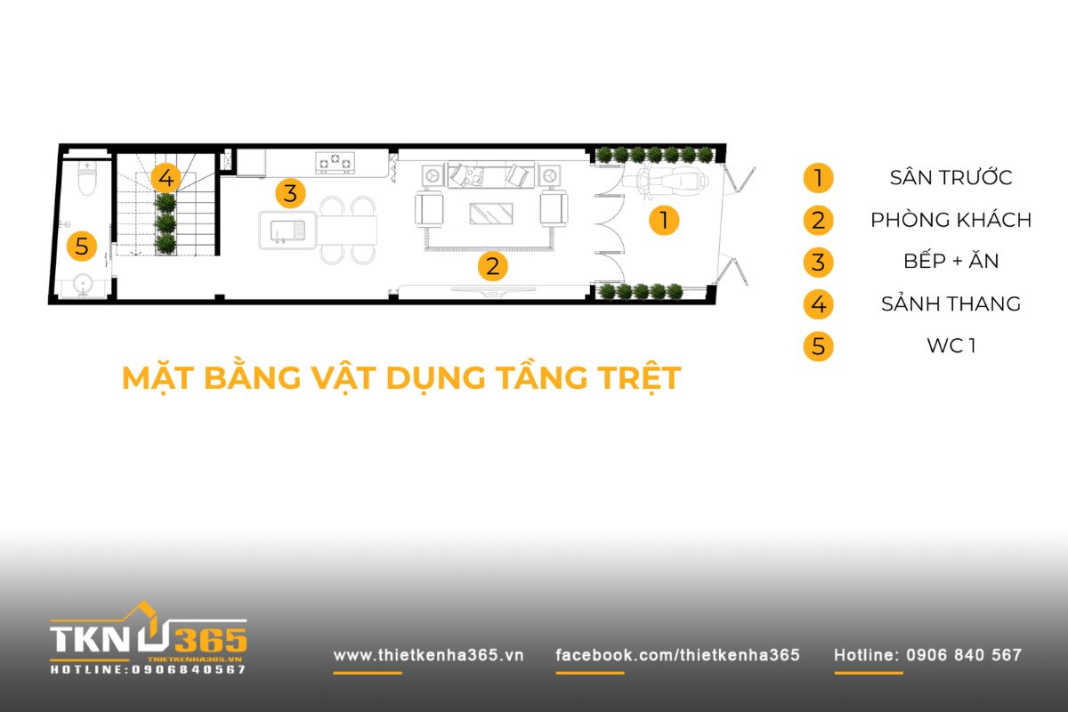 Mặt bằng tầng trệt nhà phố 3 tầng bố trí sân trước, phòng khách và bếp ăn liên thông, cầu thang và WC được đưa về cuối nhà