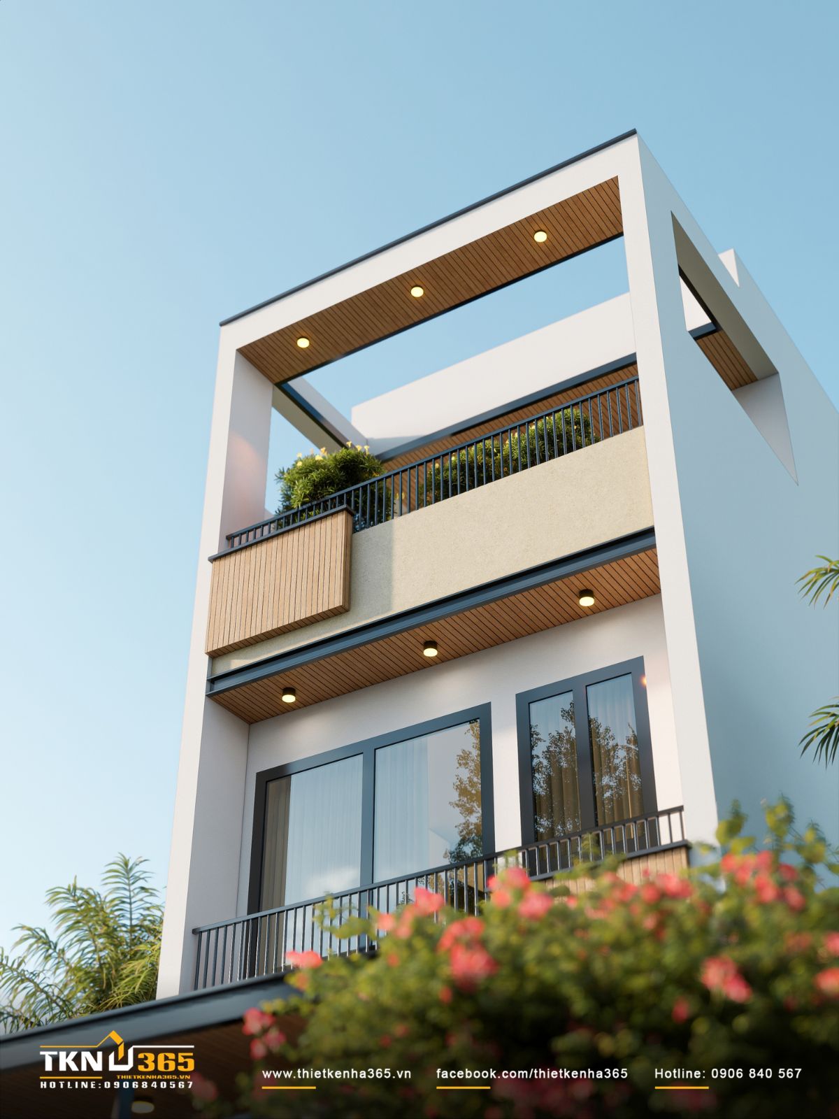 Nhà phố 3 tầng B’S House giữ sự riêng tư trong từng khoảng mở 5 Cửa kính lớn tại lầu 1 kết hợp ban công và mái đua ốp gỗ, giúp nhà phố 3 tầng đón ánh sáng tự nhiên mà vẫn hạn chế tầm nhìn trực tiếp từ bên ngoài