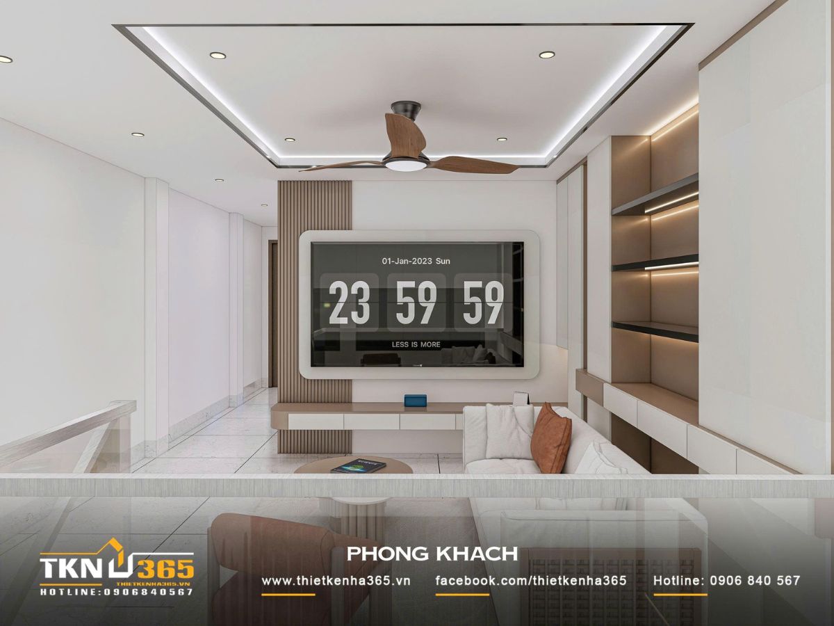 Nhà phố 3 tầng 4,1x14,5m ở Hóc Môn - Gói ghém những mong muốn giản dị trong một mái nhà 6 Mảng tường TV kết hợp lam gỗ đứng, kệ treo bo cong và trần có đèn hắt giúp phòng khách nhà phố 3 tầng giữ được vẻ đẹp hiện đại, nhẹ nhàng