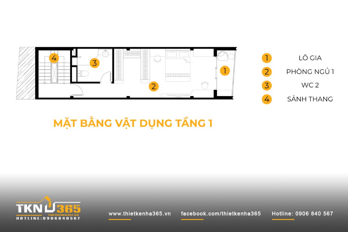 Tầng 1 nhà phố 3 tầng dành phần lớn diện tích cho phòng ngủ riêng, kết hợp WC khép kín và lô gia phía trước để đón ánh sáng tự nhiên