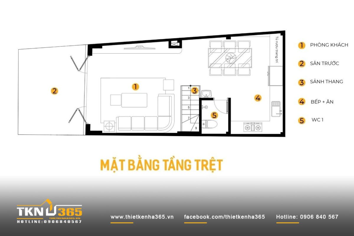 Nhà phố 3 tầng B’S House giữ sự riêng tư trong từng khoảng mở 6 Mặt bằng tầng trệt nhà phố 3 tầng B’S House bố trí sân trước, phòng khách và bếp ăn theo chiều sâu, với cầu thang và WC nằm giữa nhà