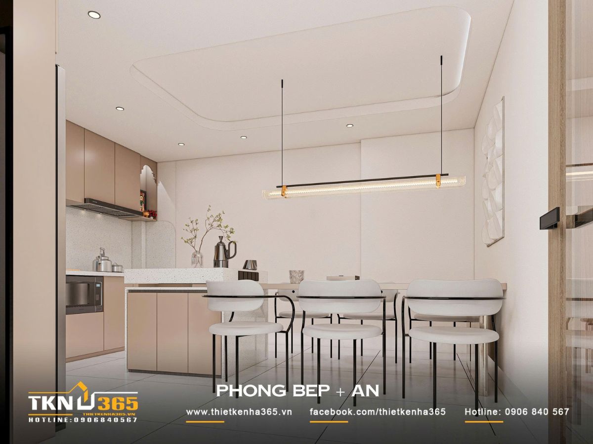 Nhà phố 3 tầng 4,1x14,5m ở Hóc Môn - Gói ghém những mong muốn giản dị trong một mái nhà 8 Bàn ăn nhà phố 3 tầng bố trí liền kề đảo bếp, kết hợp ghế bọc đệm sáng màu và đèn thả tuyến tính tạo cảm giác ấm cúng, gần gũi
