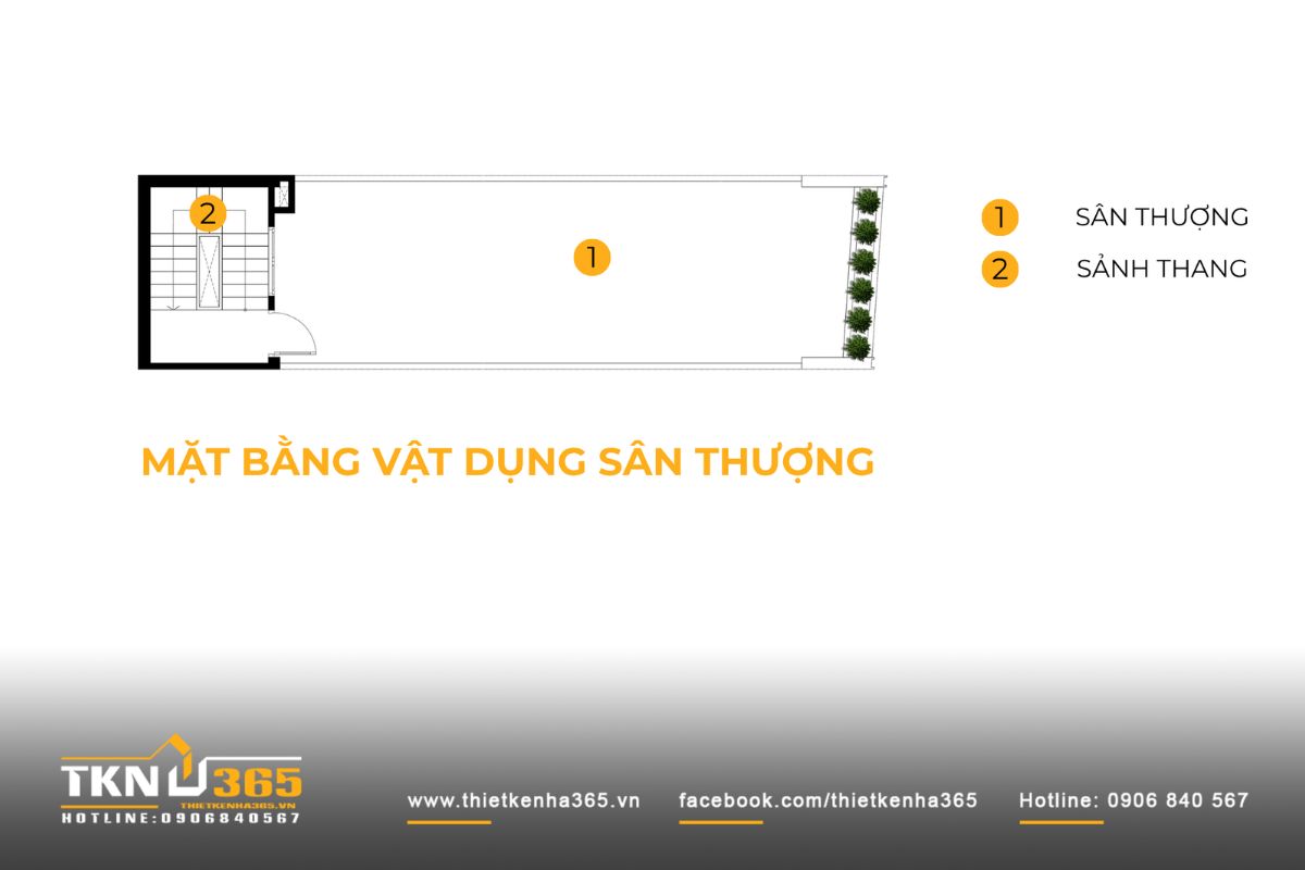 Sân thượng nhà phố 3 tầng thiết kế rộng thoáng với sảnh thang phía sau và khoảng trồng cây xanh ở phía trước