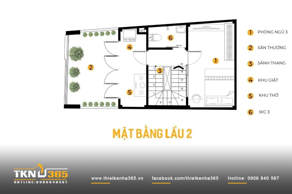 Nhà phố 3 tầng B’S House giữ sự riêng tư trong từng khoảng mở 8 Mặt bằng lầu 2 nhà phố 3 tầng dành phía trước cho sân thượng cây xanh, khu vực giữa bố trí phòng thờ, khu giặt và phía sau là phòng ngủ thứ ba
