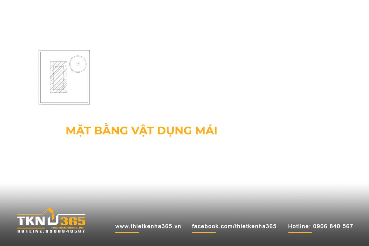 Mặt bằng mái nhà phố 3 tầng gồm khu vực mái che và các hạng mục kỹ thuật bố trí trên cao