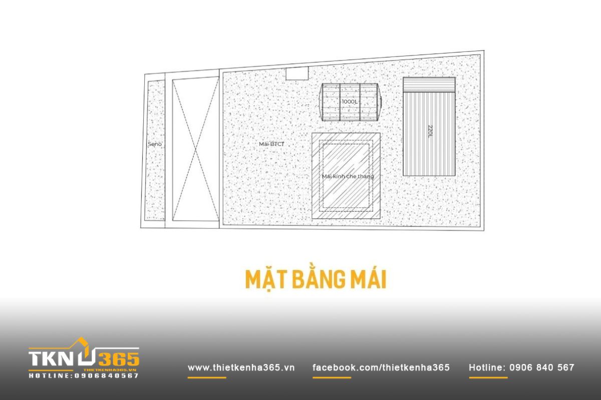 Nhà phố 3 tầng B’S House giữ sự riêng tư trong từng khoảng mở 9 Mặt bằng mái nhà phố 3 tầng B’S House gồm mái bê tông cốt thép, mái kính che thang và khu vực đặt bồn nước cùng thiết bị kỹ thuật