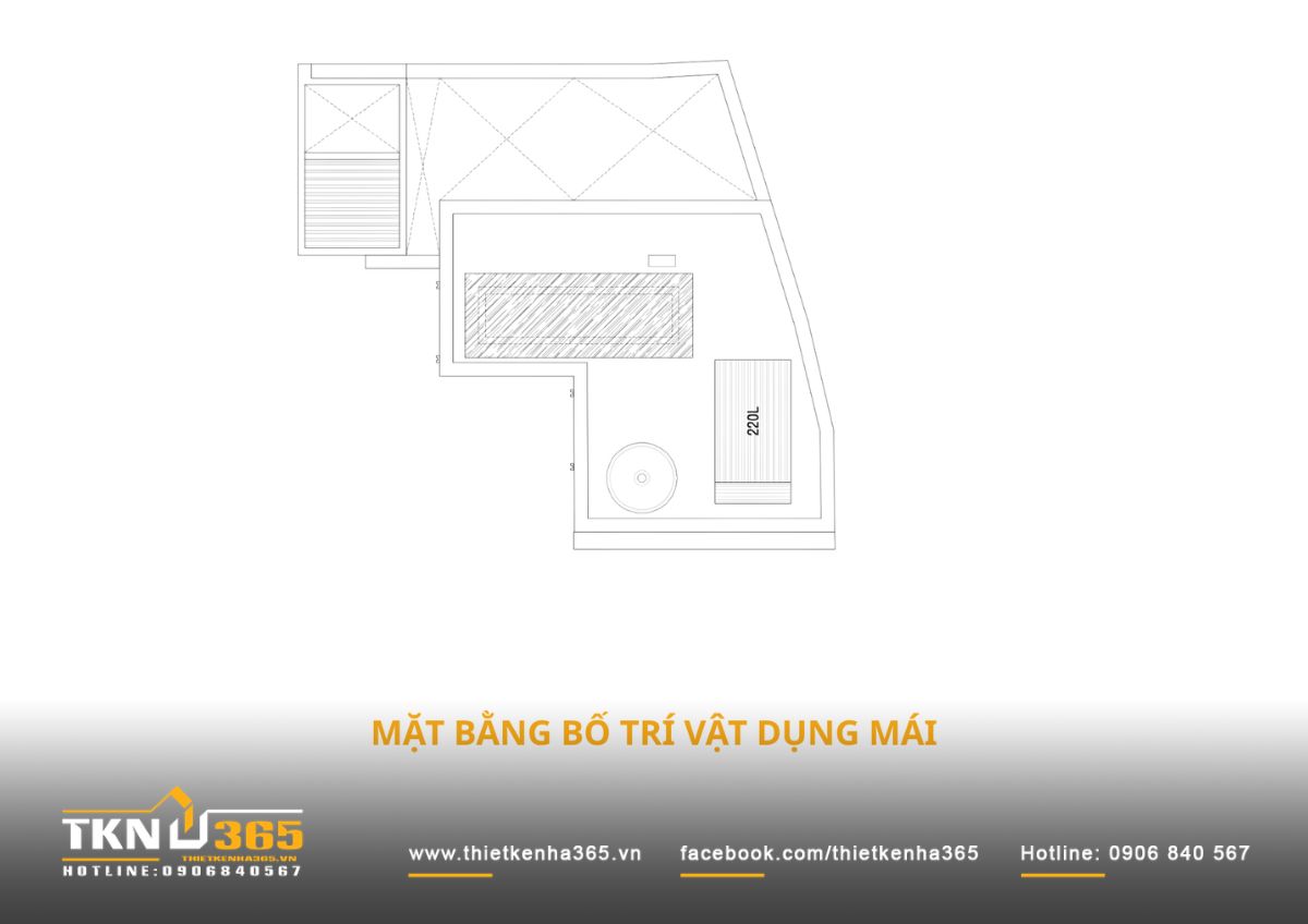Nhà phố 4 tầng 3x8m ở Hóc Môn: Chắt chiu từng mét vuông cho tổ ấm đủ đầy 12 Mặt bằng mái nhà phố 4 tầng thể hiện cách bố trí các hạng mục kỹ thuật, bồn nước và khoảng lấy sáng phía trên công trình