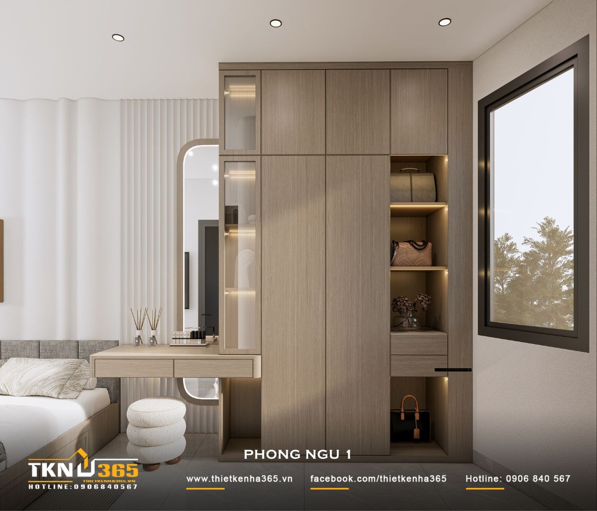 Nhà phố 4 tầng 3x8m ở Hóc Môn: Chắt chiu từng mét vuông cho tổ ấm đủ đầy 22 Hệ tủ quần áo cao sát trần kết hợp bàn trang điểm, gương bo cong và kệ mở giúp phòng ngủ 1 tăng khả năng lưu trữ