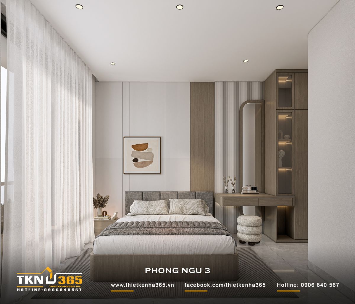 Nhà phố 4 tầng 3x8m ở Hóc Môn: Chắt chiu từng mét vuông cho tổ ấm đủ đầy 25 Phòng ngủ 3 sử dụng bảng màu trắng, xám và gỗ sáng, kết hợp vách đầu giường và bàn trang điểm gọn gàng
