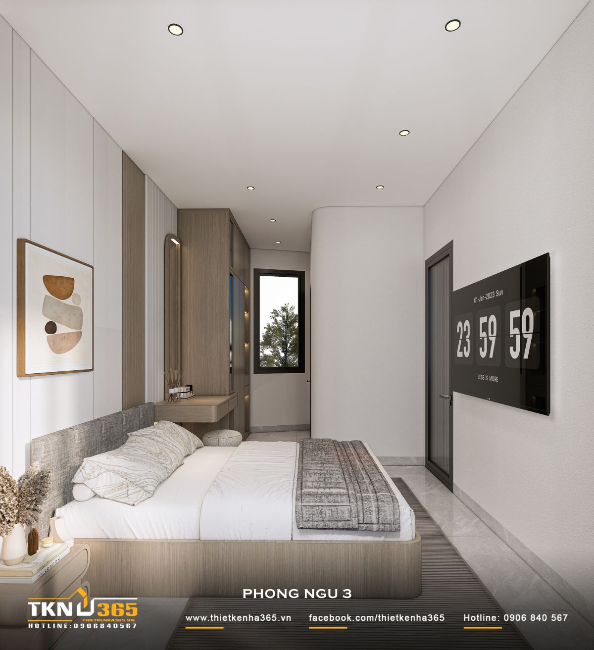 Nhà phố 4 tầng 3x8m ở Hóc Môn: Chắt chiu từng mét vuông cho tổ ấm đủ đầy 26 Phòng ngủ 3 bố trí giường, hệ tủ và bàn trang điểm dọc theo tường, giữ khoảng lưu thông thuận tiện trong không gian hẹp