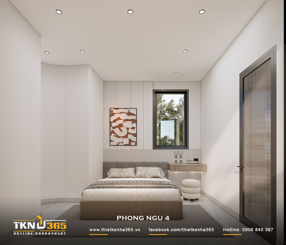 Nhà phố 4 tầng 3x8m ở Hóc Môn: Chắt chiu từng mét vuông cho tổ ấm đủ đầy 27 Phòng ngủ 4 được thiết kế tối giản với giường ngủ, bàn trang điểm treo tường và cửa sổ đón ánh sáng tự nhiên