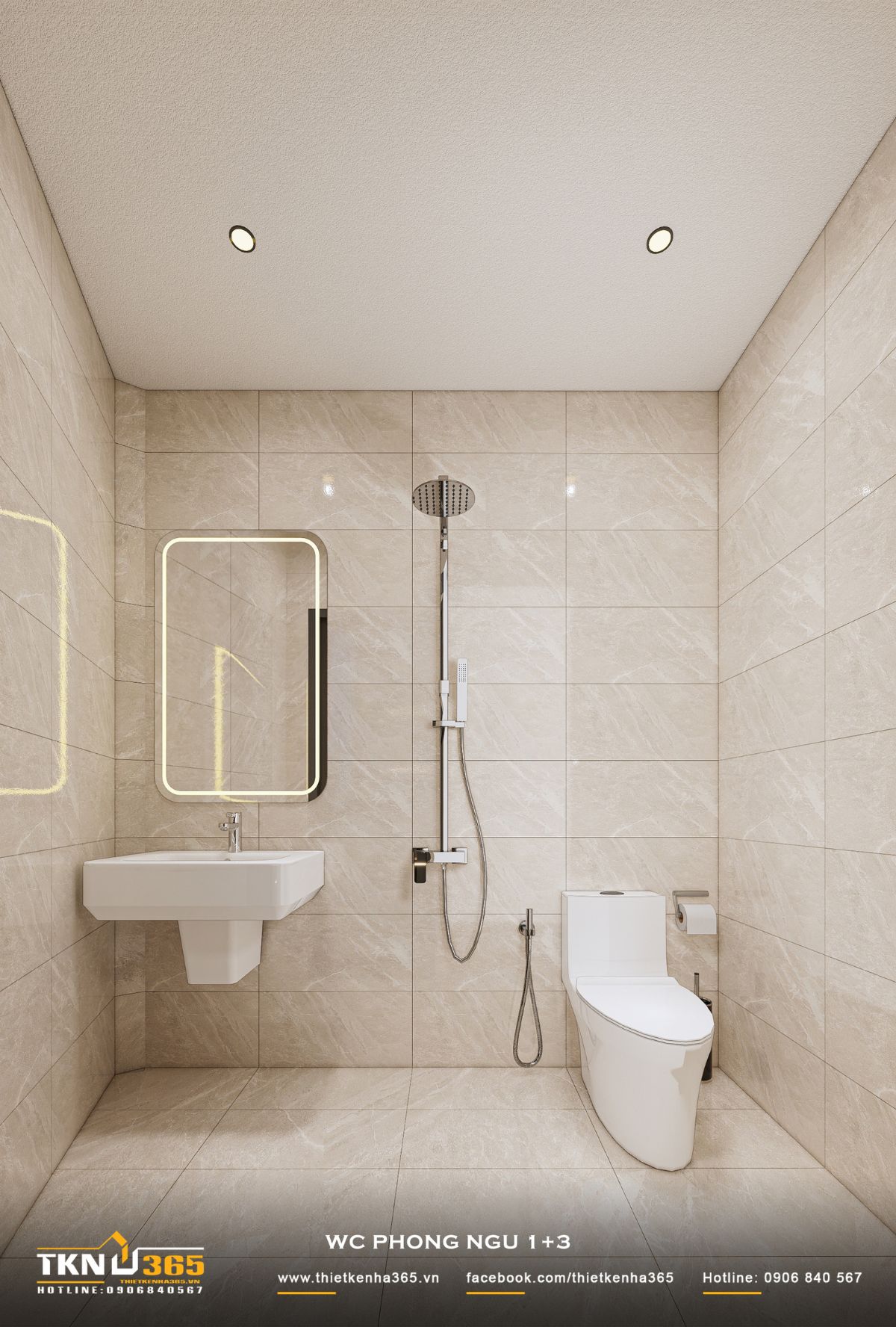 Nhà phố 4 tầng 3x8m ở Hóc Môn: Chắt chiu từng mét vuông cho tổ ấm đủ đầy 29 WC phòng ngủ 1 và 3 sử dụng gạch ốp màu be sáng, kết hợp lavabo treo tường, gương LED và thiết bị vệ sinh bố trí gọn gàng