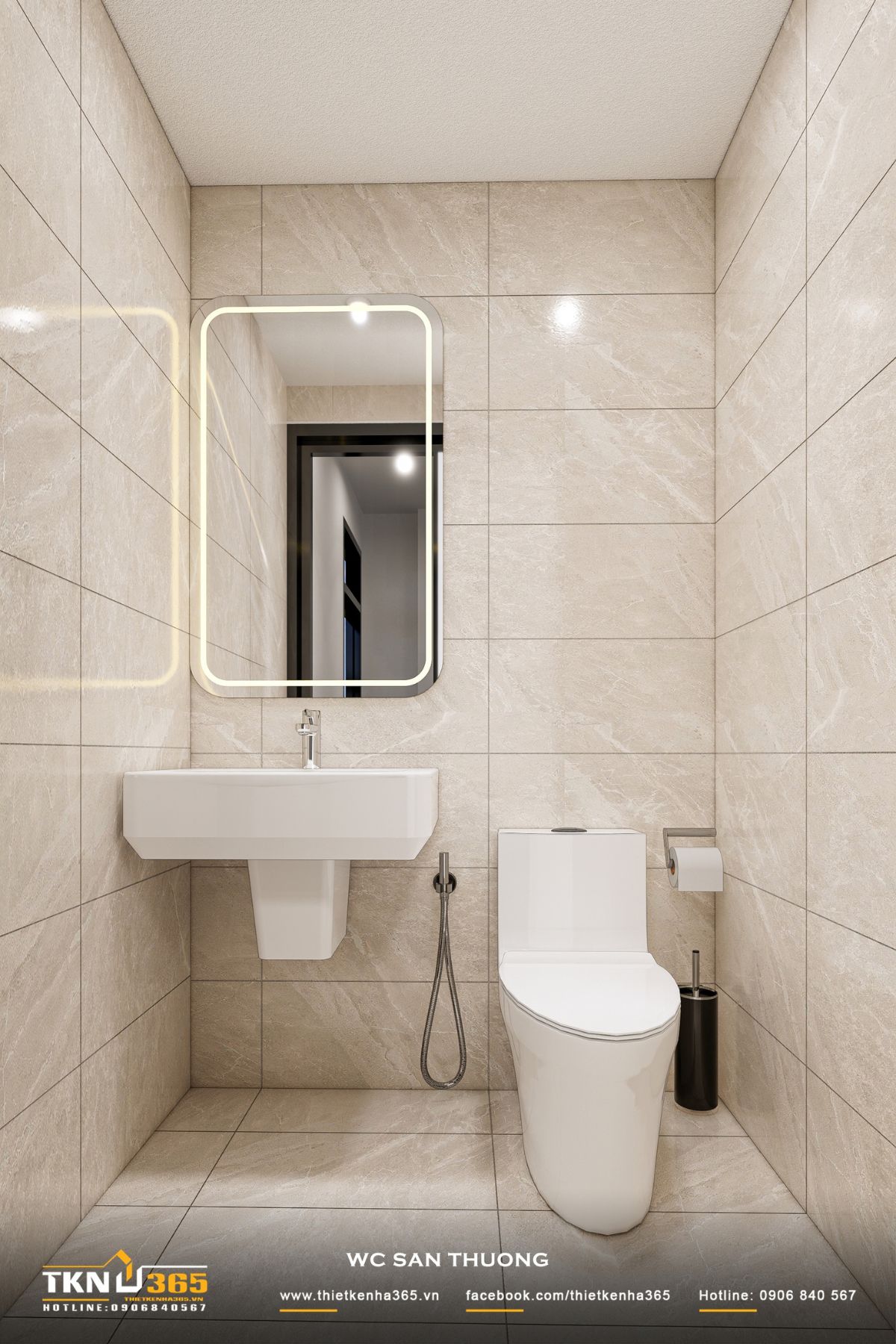 Nhà phố 4 tầng 3x8m ở Hóc Môn: Chắt chiu từng mét vuông cho tổ ấm đủ đầy 31 WC sân thượng được thiết kế tối giản với lavabo treo tường, gương bo góc tích hợp đèn LED và bồn cầu nhỏ gọn, phù hợp diện tích sử dụng