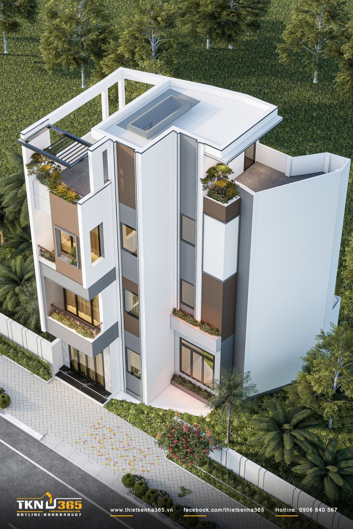 Nhà phố 4 tầng 3x8m ở Hóc Môn: Chắt chiu từng mét vuông cho tổ ấm đủ đầy 4 Kiến trúc nhà phố 4 tầng kết hợp các khối nhô ra, khoảng lùi và sân thượng mở để tăng chiều sâu cho công trình