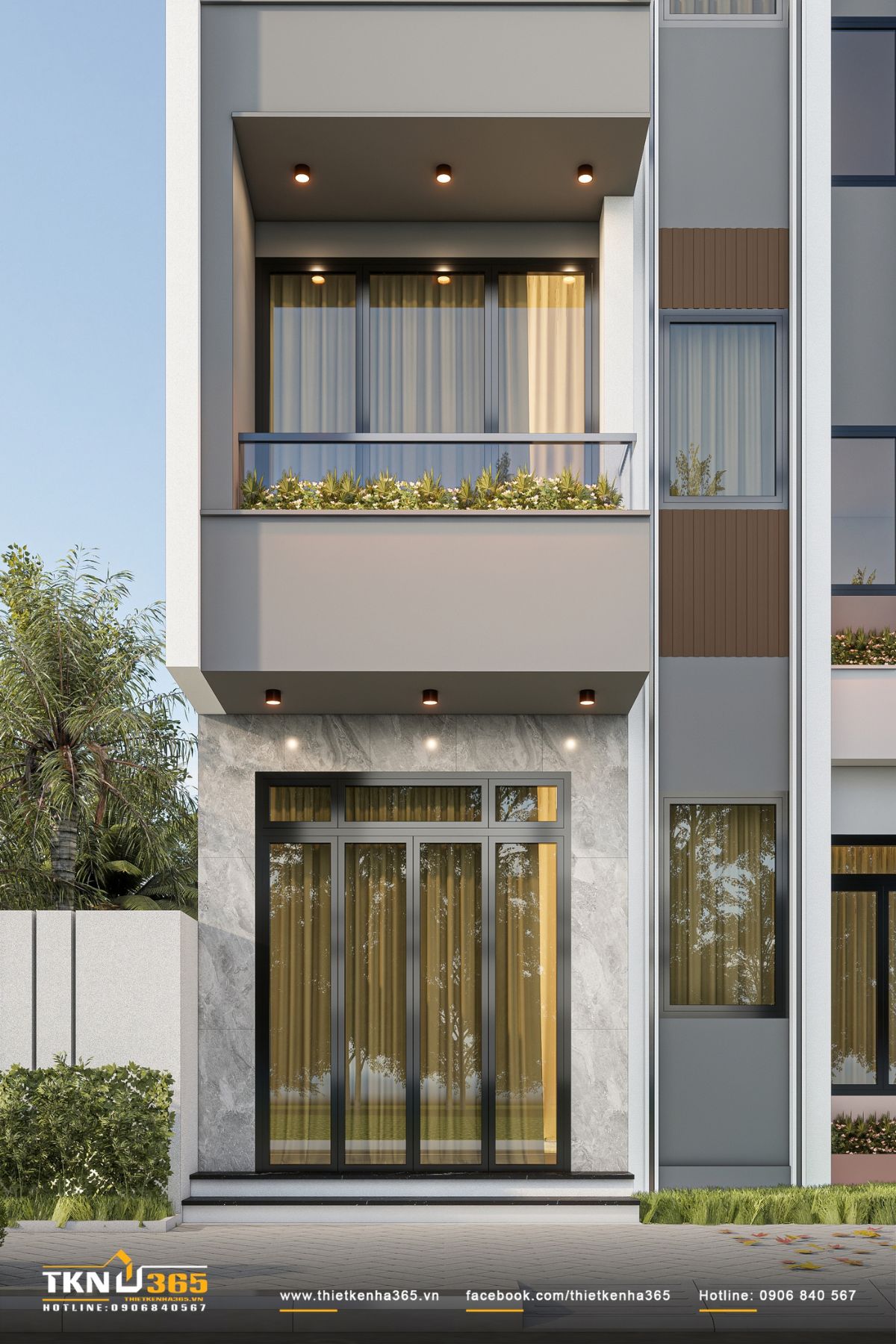 Nhà phố 4 tầng 3x8m ở Hóc Môn: Chắt chiu từng mét vuông cho tổ ấm đủ đầy 7 Tầng trệt nhà phố 4 tầng sử dụng cửa kính khung nhôm kết hợp đá ốp màu xám, tạo diện mạo hiện đại và gọn gàng