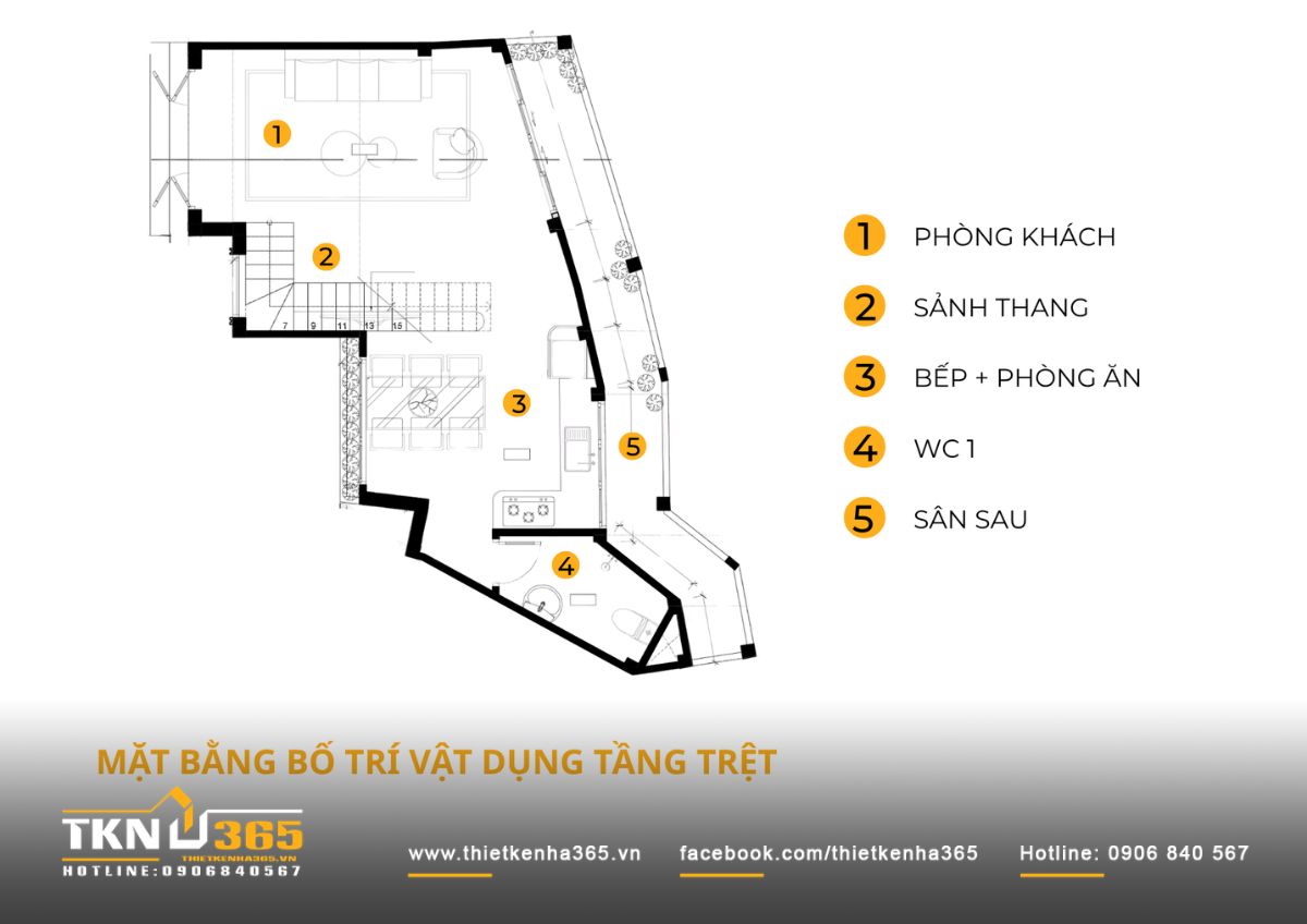 Nhà phố 4 tầng 3x8m ở Hóc Môn: Chắt chiu từng mét vuông cho tổ ấm đủ đầy 8 Mặt bằng tầng trệt nhà phố 4 tầng bố trí phòng khách, cầu thang, bếp - ăn, WC và sân sau theo nhu cầu sinh hoạt chung