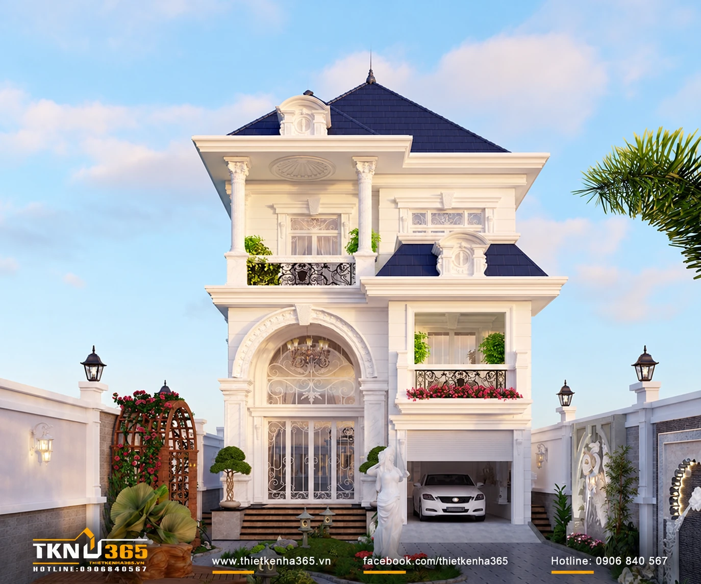 Thiết kế mặt tiền biệt thự lâu đài phong cách Pháp 2 tầng 1 tum