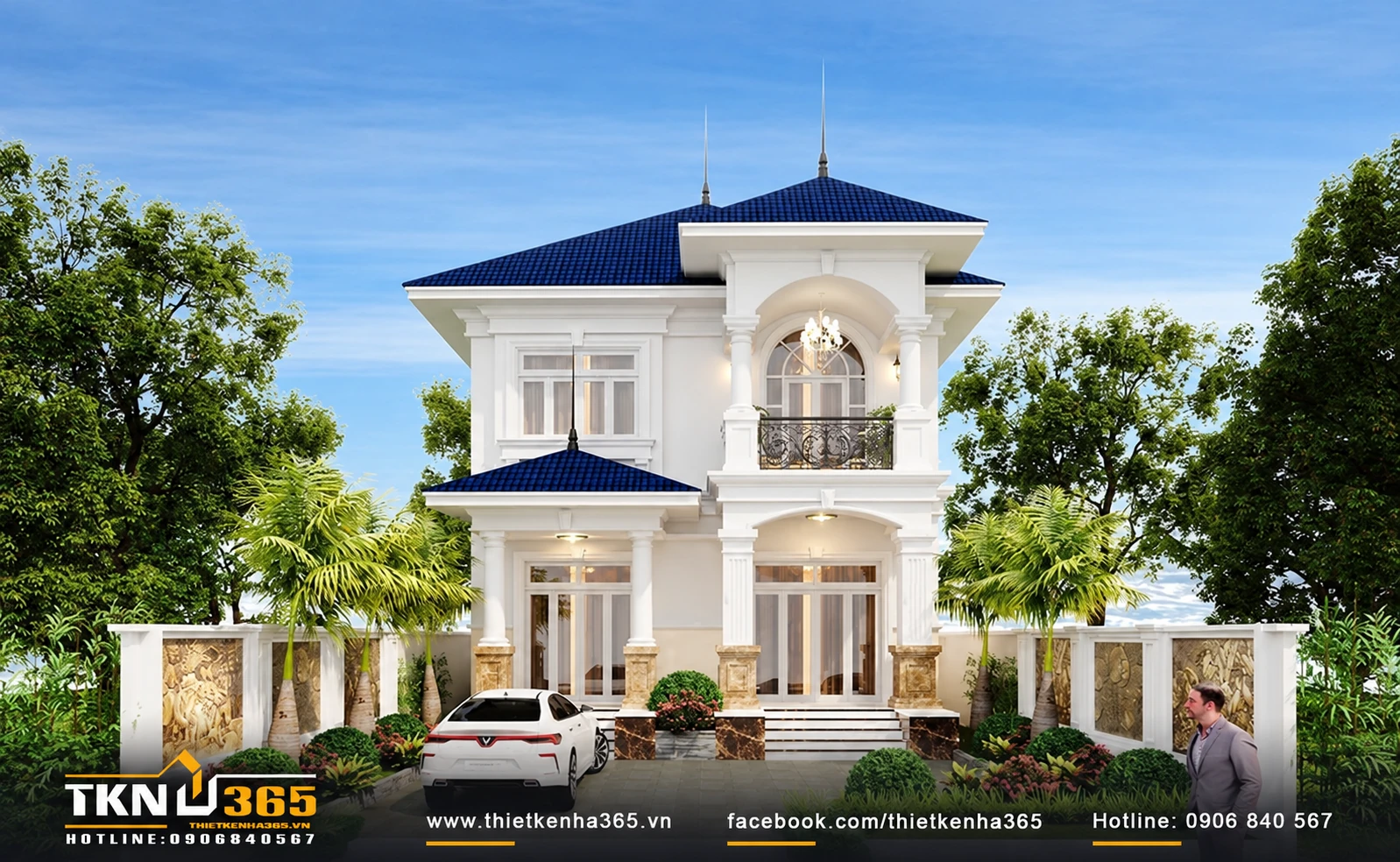Phối cảnh mặt tiền biệt thự Pháp 2 tầng tân cổ điển mái Thái
